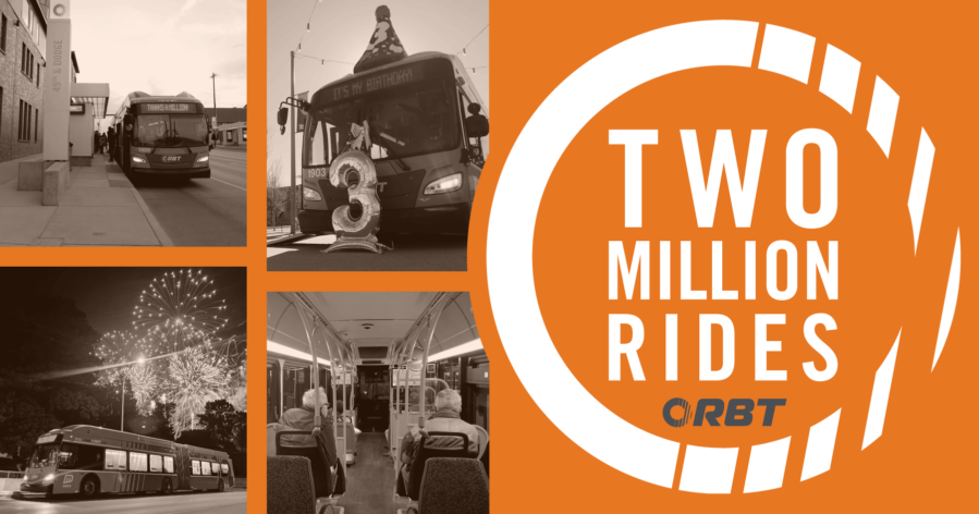 Graphic to celebrate ORBT reaching 2 million rides. On the left are 4 photos of ORBT (at 49th & Dodge; celebrating ORBT's 3rd birthday; in front of fireworks near UNO; and the first riders on ORBT's first ride