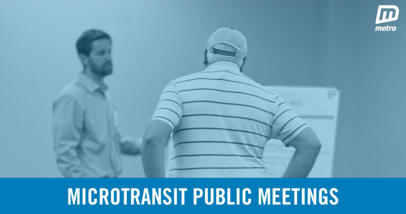 A Metro staff member talks with a member of the public at a public meeting for Metro Transit. At the bottom is text saying 