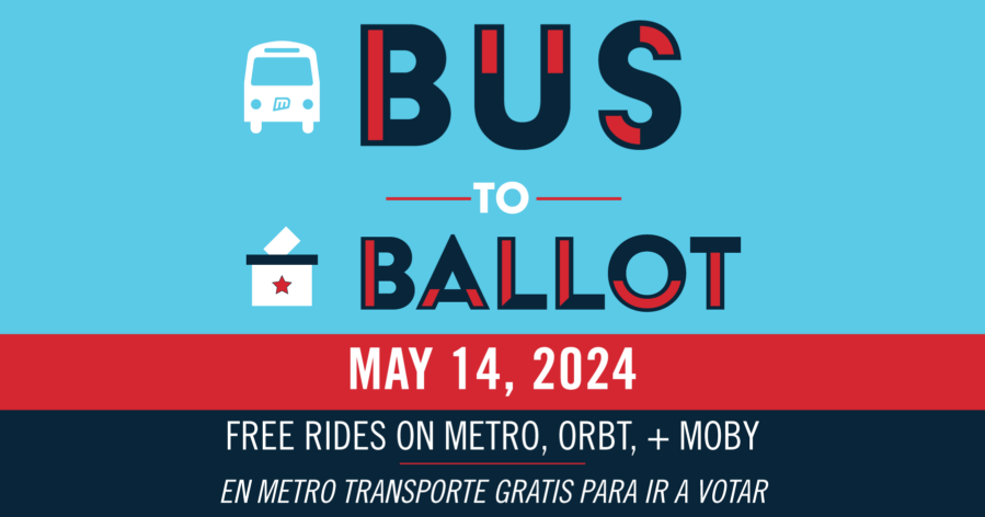 a graphic with a light blue background, in navy blue and red bold text it reads Bus to Ballow in white text over a red stripe it reads may 14, 2014. In white text over a navy blue stripe, it reads free rides on metro, orbt, and moby
