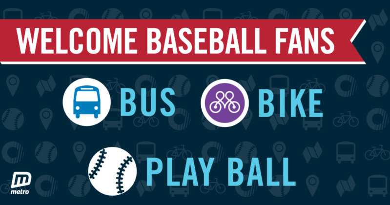 a graphic with icons for bus bike and play ball A red ribbon on the top says welcome baseball fans in white text