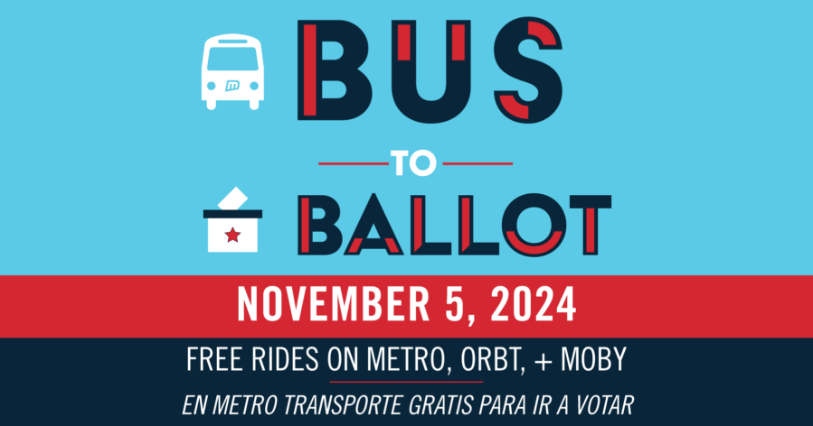 a graphic with a light blue background, in navy blue and red bold text it reads Bus to Ballow in white text over a red stripe it reads november 5, 2014. In white text over a navy blue stripe, it reads free rides on metro, orbt, and moby