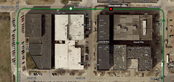 Map showing temporary stop for Route 13 at the northeast corner of 13th & Nicholas